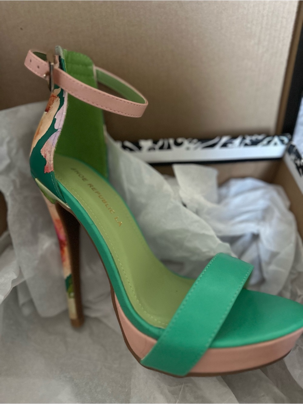 Floral Green & Pink Ankle-Strap Platform Heel